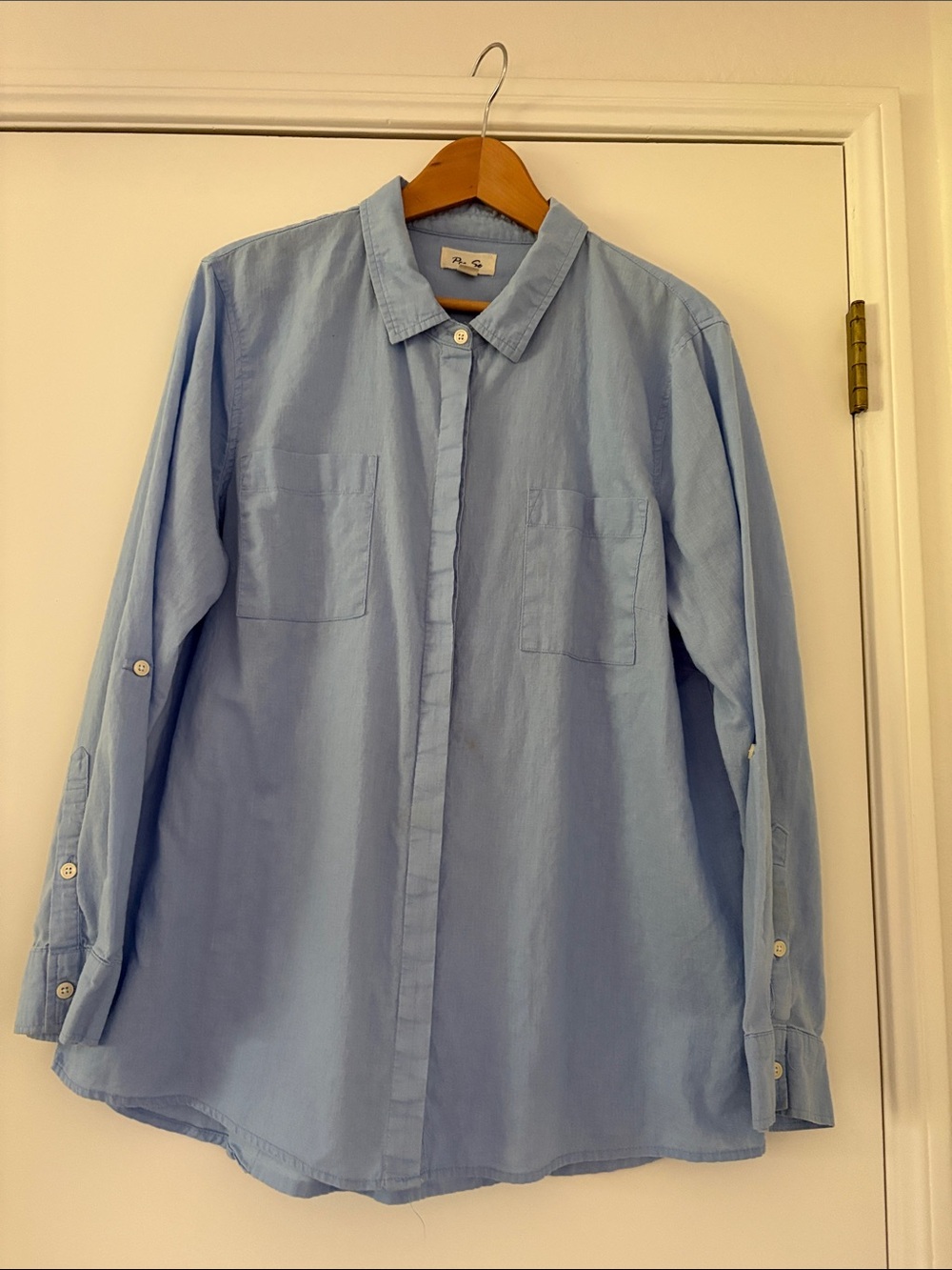 Per Se Light Blue Linen/Cotton Women's Button-Front Blouse XL